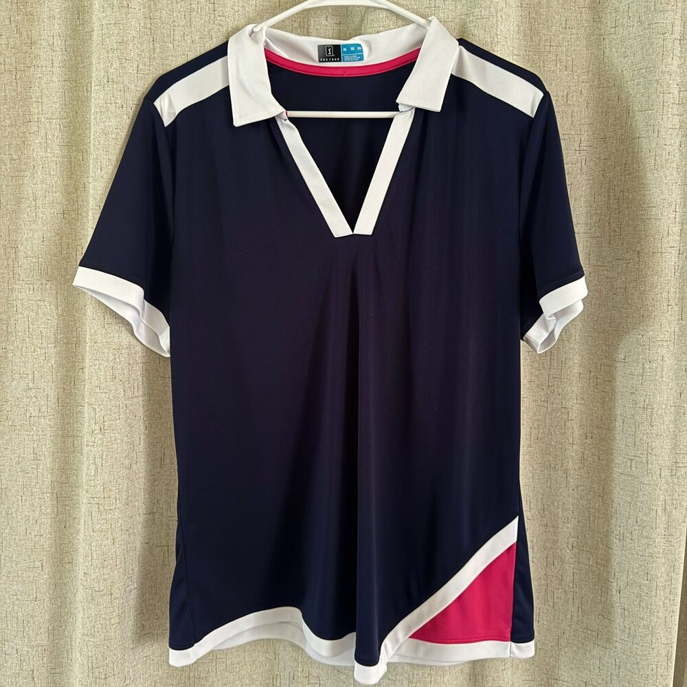 PGA Tour Women’s Golf Polo Shirt XL Navy Pink Colorblock Performance - Picture 5 of 7